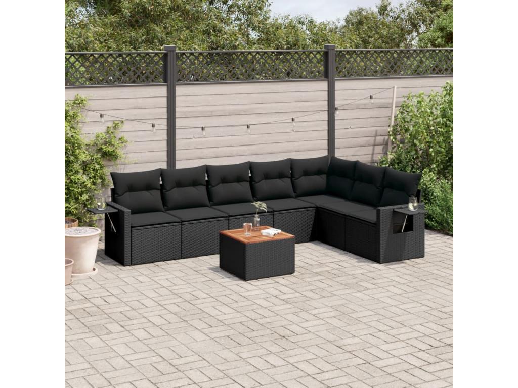 8-piece garden furniture set with cushions, black woven resin