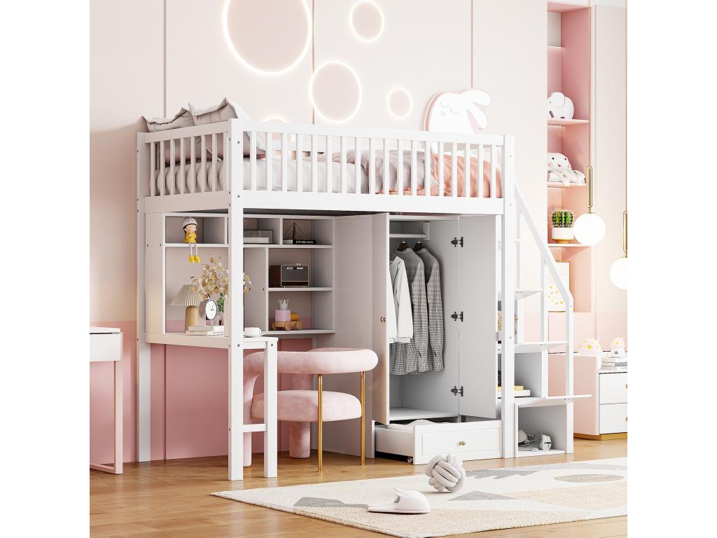 White wooden bunk bed 90x200 with large shelf and storage table, staircase