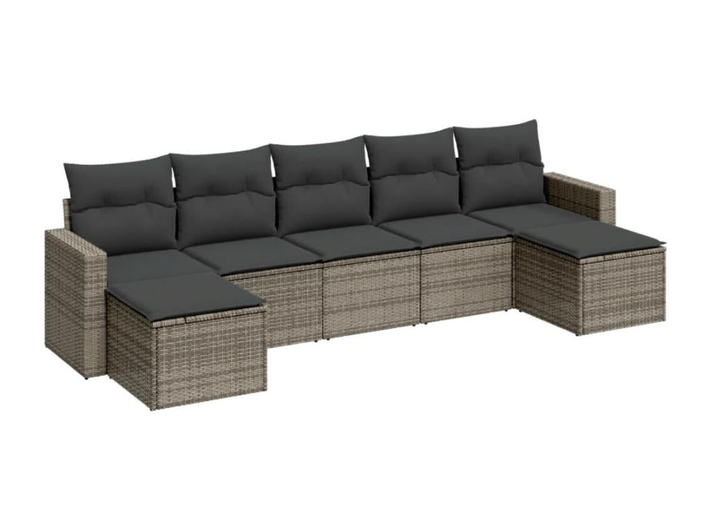 Garden furniture set with cushions, 7 pieces, grey woven resin