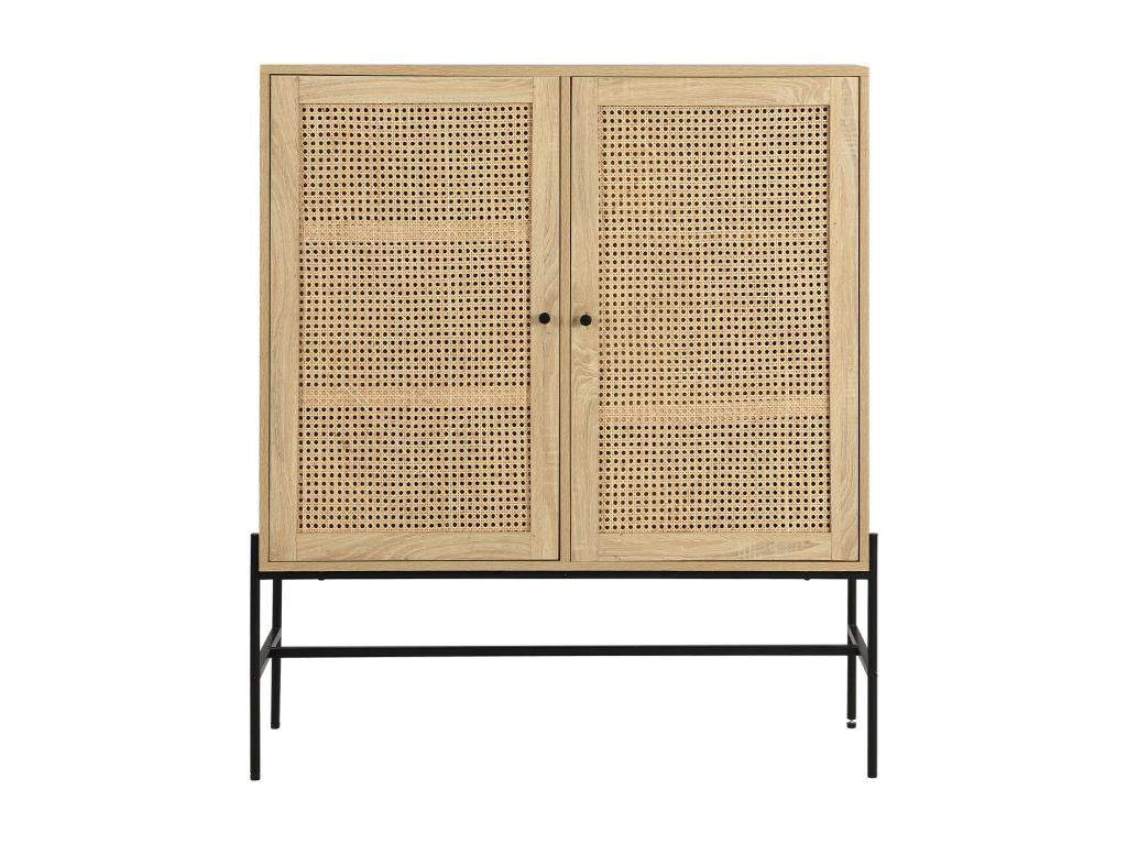2-door tall sideboard in natural cane and oak effect, 100 cm - Meubiana