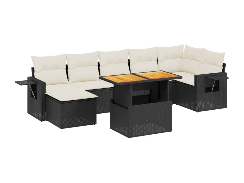 8-piece garden furniture set with cushions, black woven resin