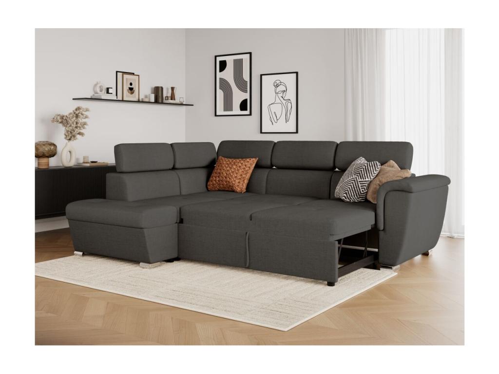 Meubiana 4-seater left-hand corner sofa bed with storage in fabric - Anthracite grey - W252 x D188 x H76cm - Meubiana
