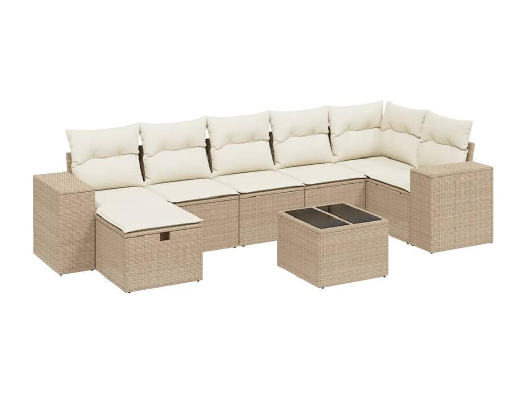 8-piece garden furniture set with cushions, beige woven resin