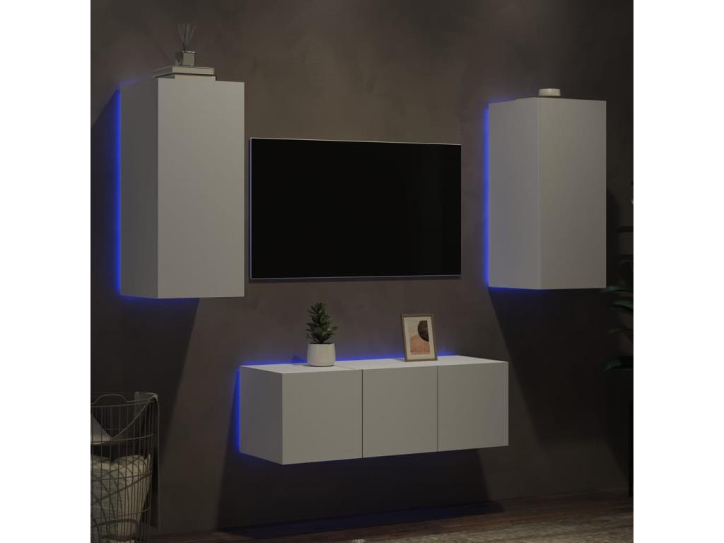 TV wall units with LED, 4 pcs, white engineered wood