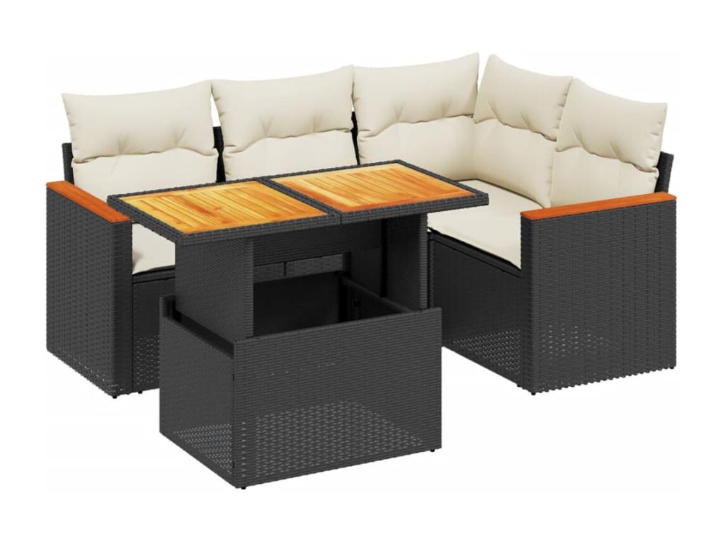5-piece garden furniture set with cushions, black woven resin