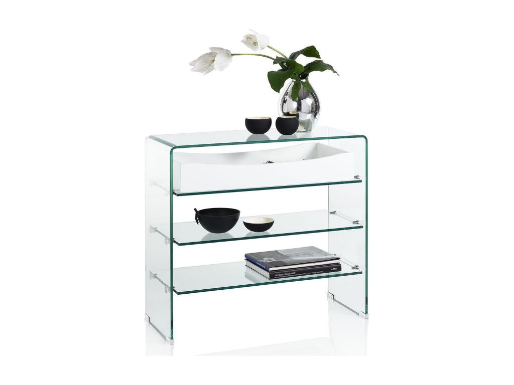 Meubiana console table with 3 shelves, 1 drawer, white and clear glass, 80cm wide