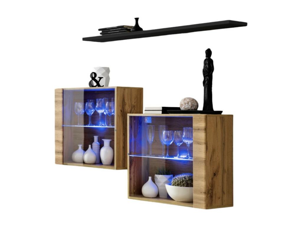SWITCH SBIII living room furniture set in Meubiana oak color with glass door and integrated LED system and black shelf.