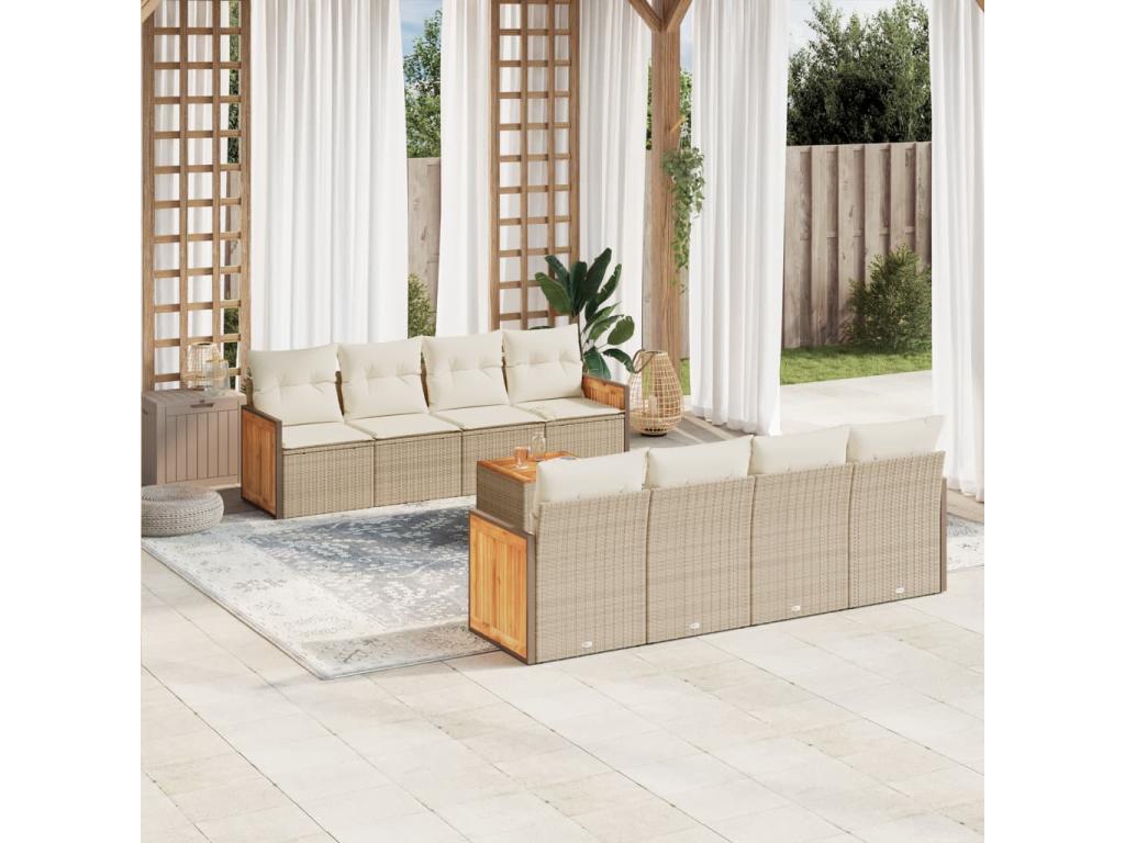 9-piece garden furniture set with cushions, beige woven resin