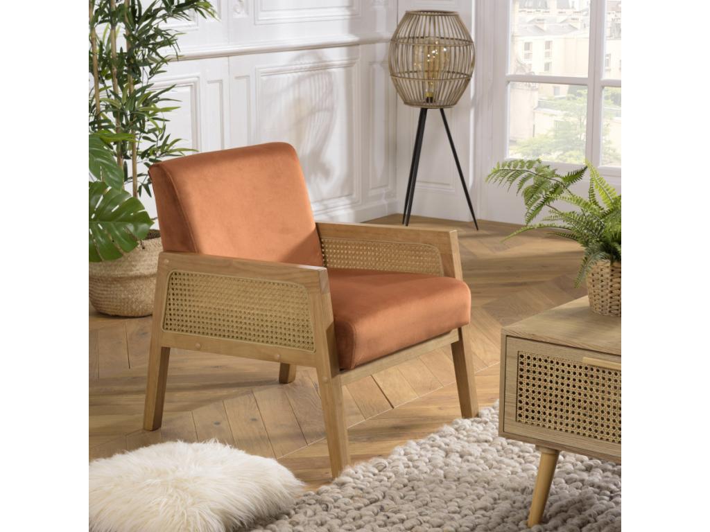 Homzora - Homzora velvet armchair with wooden legs and rattan armrests
