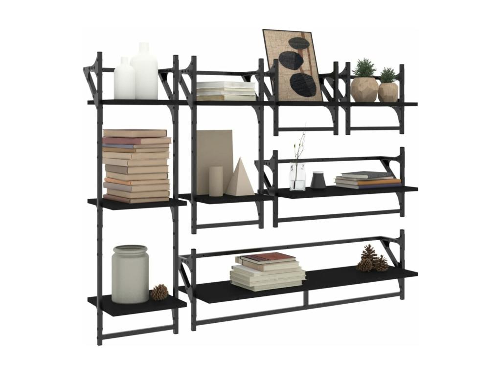 Set of 6 black engineered wood wall-mounted shelves with bars