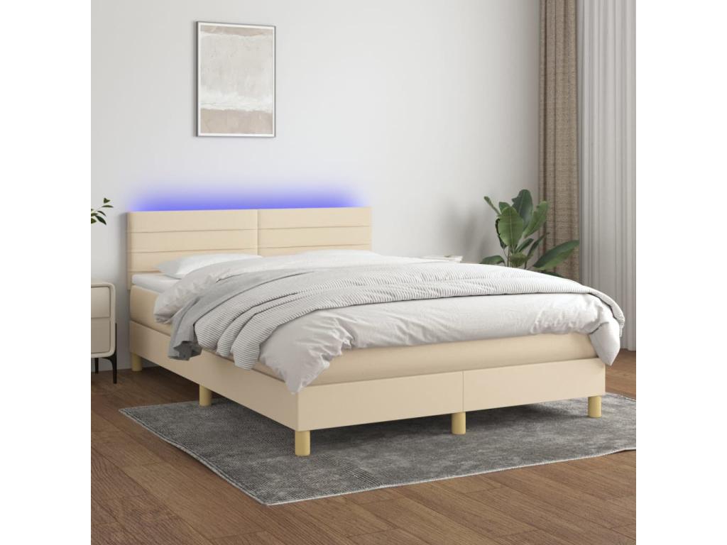Upholstered bed base with mattress and LED lighting, Cream, 140x200 cm, Fabric