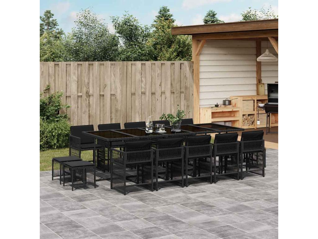 15-piece garden dining set with black resin wicker cushions