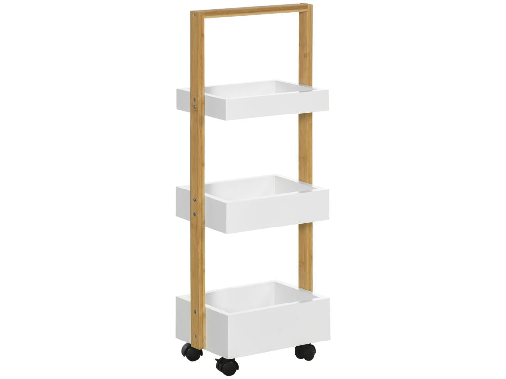 Meubiana 3-compartment service trolley, white MDF, varnished wood frame by Meubiana