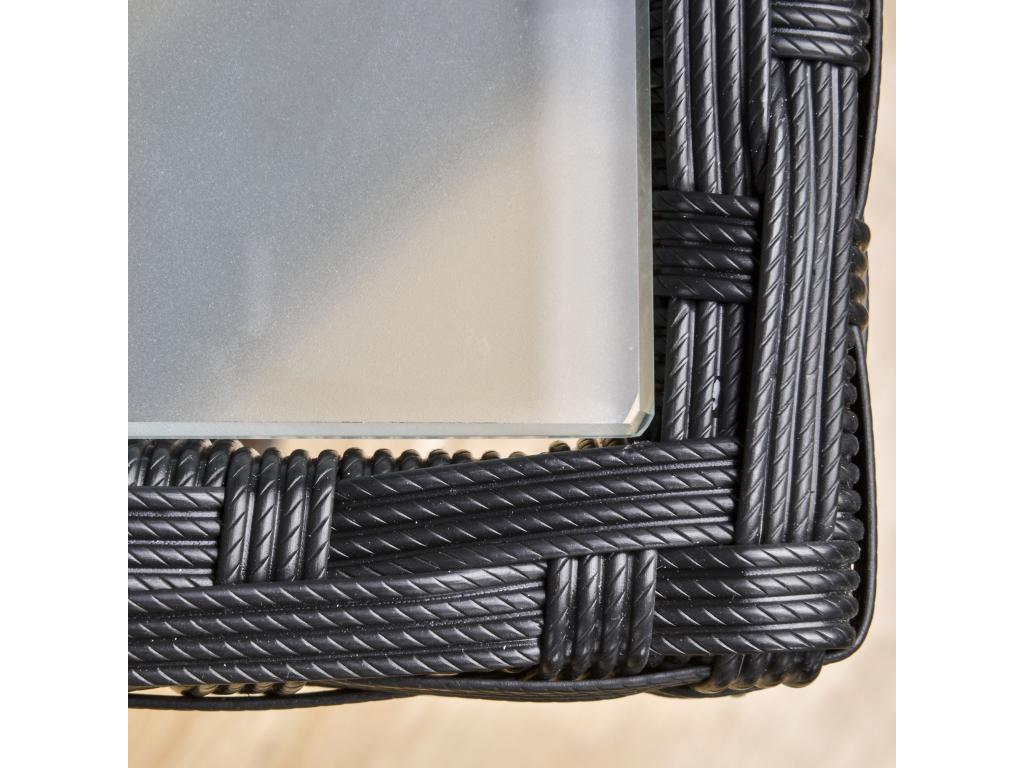 Garden coffee table with 5mm tempered glass top and black rattan-effect woven resin.