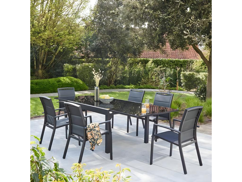 Extendable black aluminum garden furniture set for 6/10 people