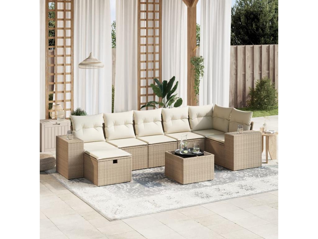 8-piece garden furniture set with cushions, beige woven resin