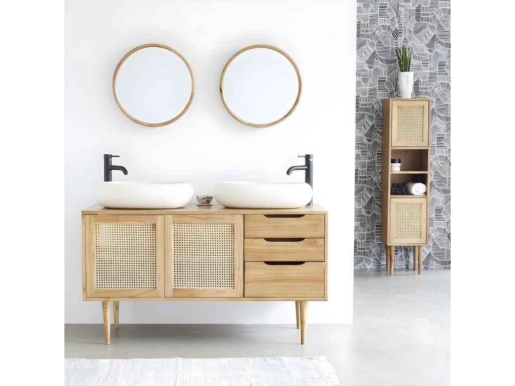 Bathroom cabinet in solid wood and caning, 135 cm