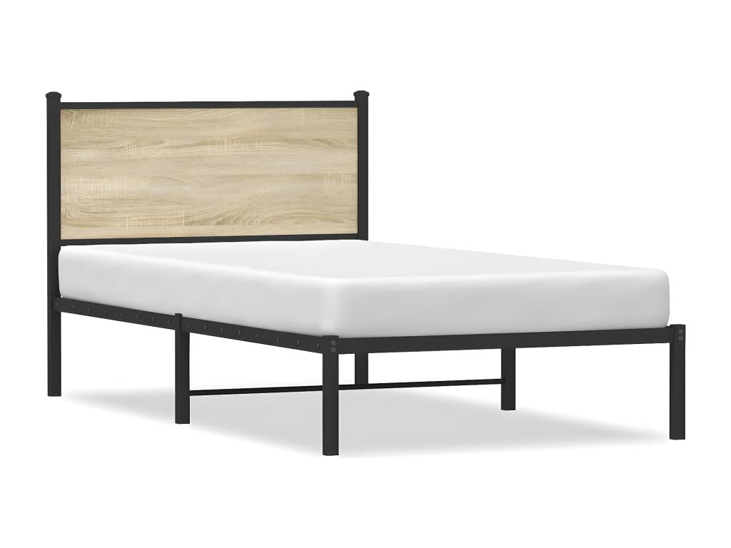 Meubiana 100x190 cm Metal Bed Frame with Oak Headboard