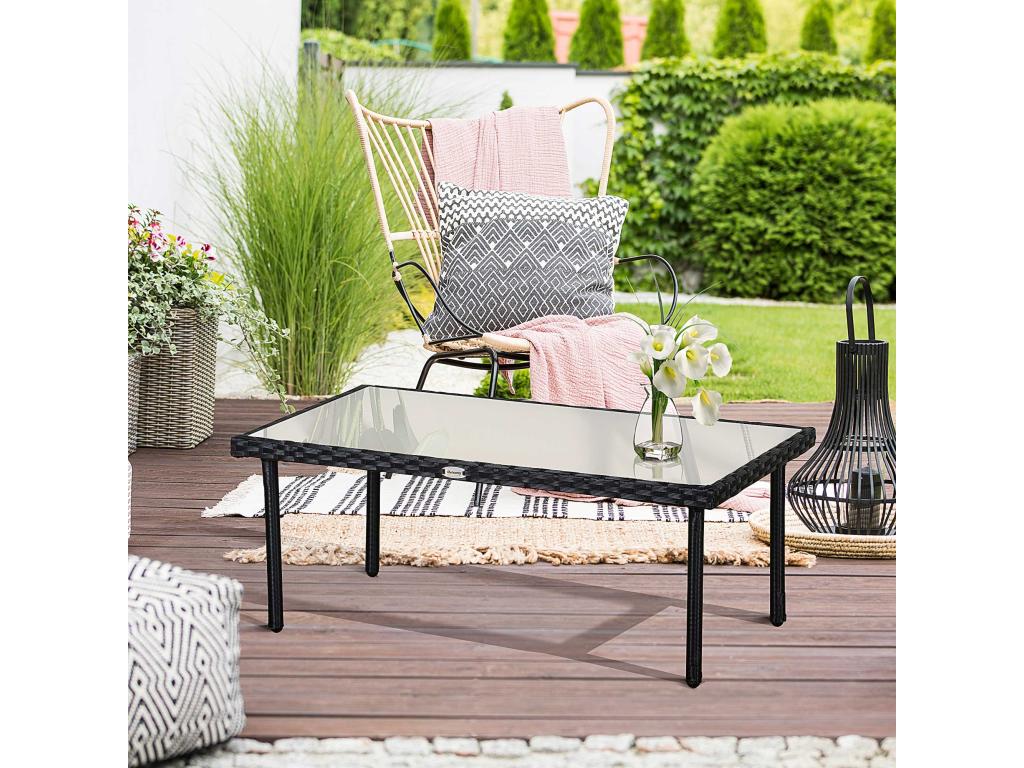 Garden coffee table with 5mm tempered glass top and black rattan-effect woven resin.