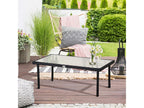 Garden coffee table with 5mm tempered glass top and black rattan-effect woven resin.