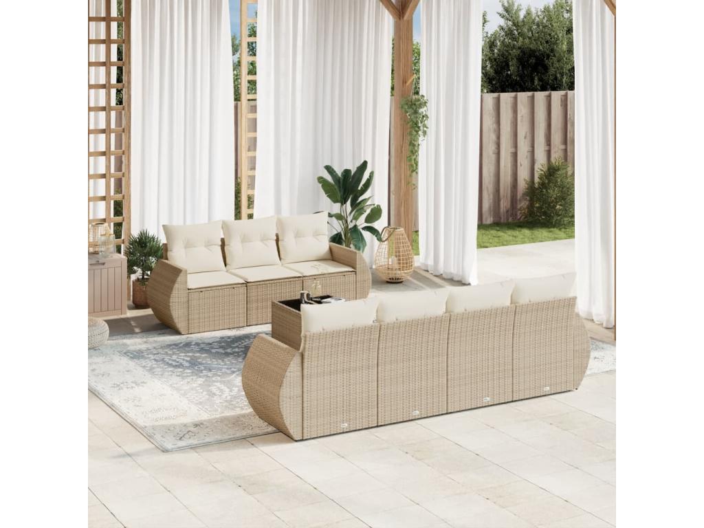 8-piece garden furniture set with cushions, beige woven resin