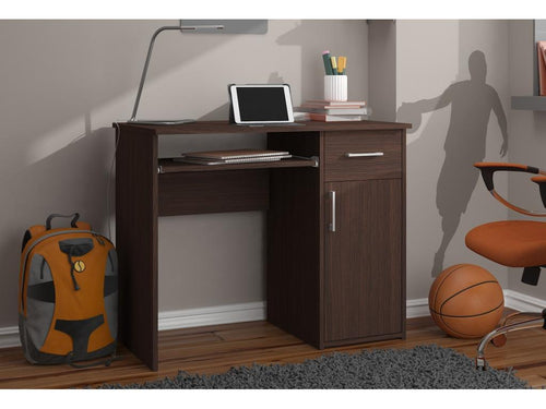 Meubiana PIN Wenge Computer Desk 90 cm, 1 Door, 1 Drawer, Wenge Front, 3 Shelves, 90x50x74 cm