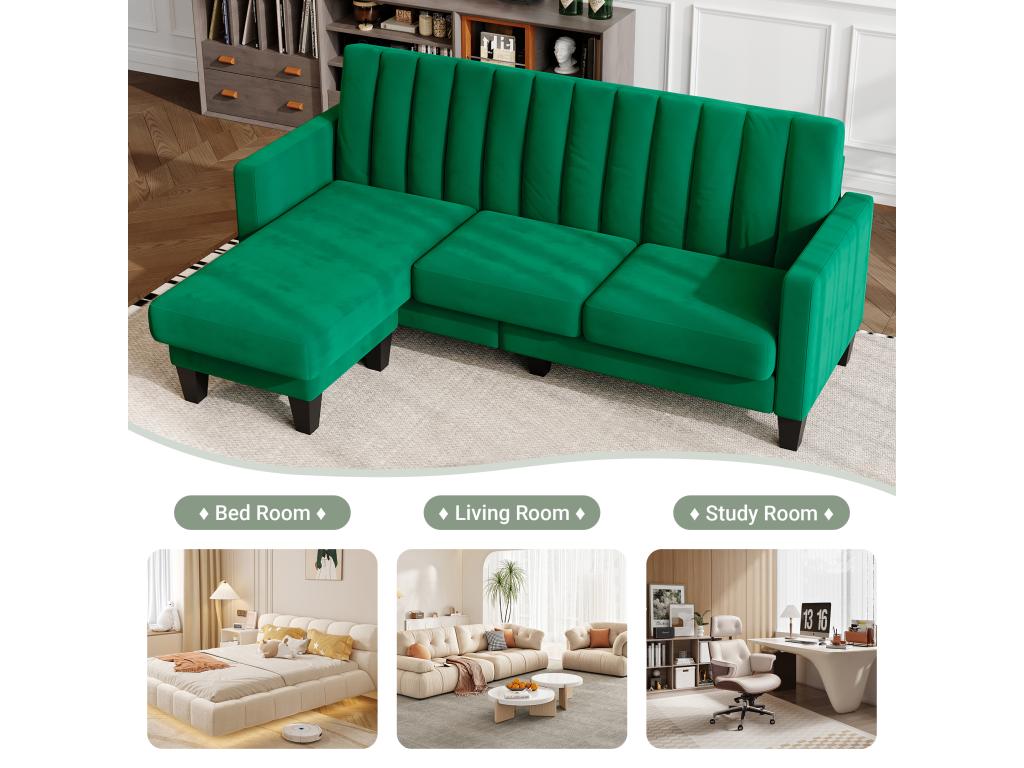Corner sofa 210 CM, reversible corner armchair, convertible, 3-4 seater, green vertical striped velvet fabric