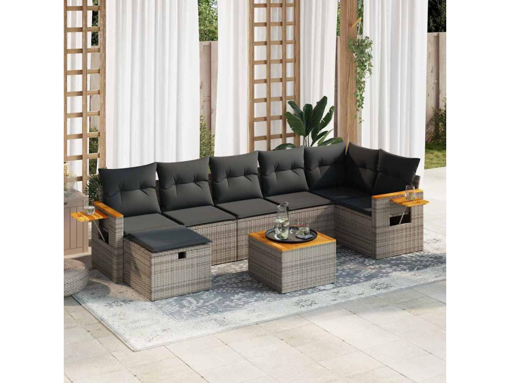 8-piece garden furniture set with grey resin wicker cushions