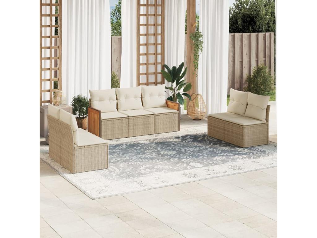7-piece garden furniture set with cushions, beige woven resin