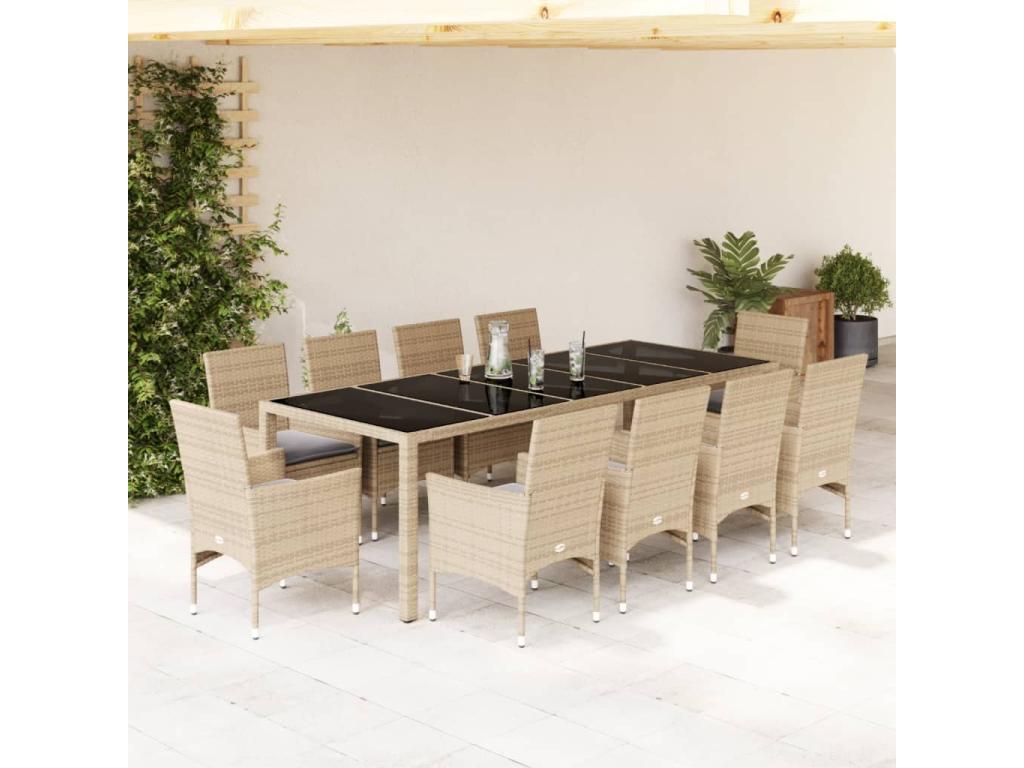 11-piece beige rattan and glass garden dining set and cushions