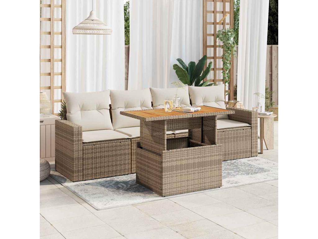 5-piece garden furniture set with cushions, beige woven resin