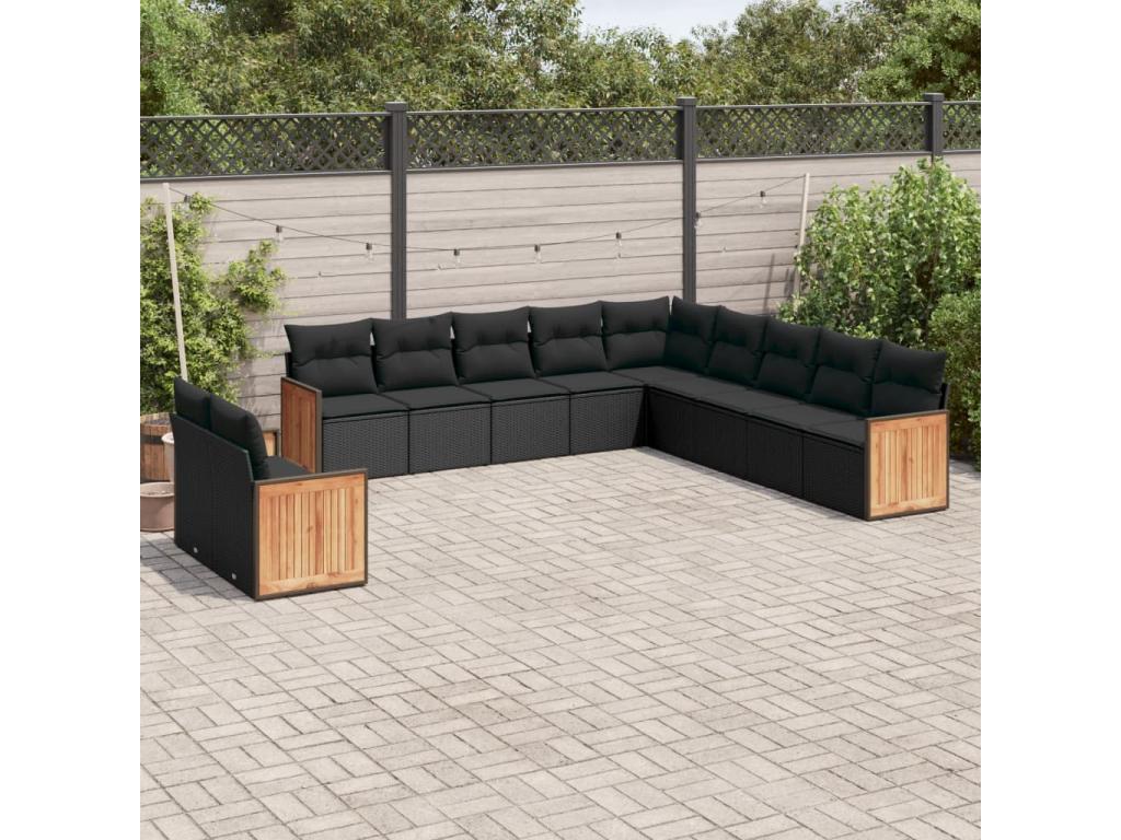 11-piece garden furniture set with cushions, black woven resin
