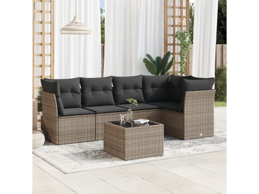 6-piece garden furniture set with grey resin wicker cushions
