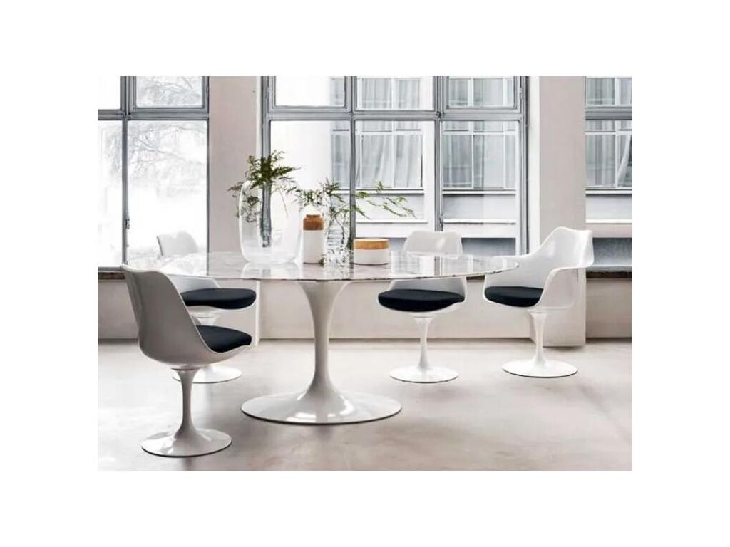 Round tulip table in marble - Verde Meubiana marble top - Diameter 100 cm - Glossy white base