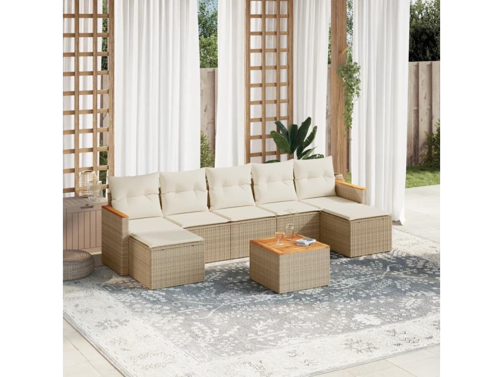 8-piece garden furniture set with cushions, beige woven resin