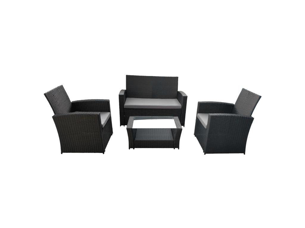 Meubiana 4-seater black resin wicker garden furniture set - grey cushions - Meubiana
