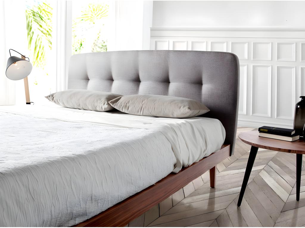 Noviza double bed 150x200 in walnut wood with faux leather headboard - Meubiana 42 Aqua Green