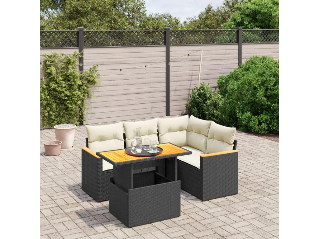 5-piece garden furniture set with cushions, black woven resin