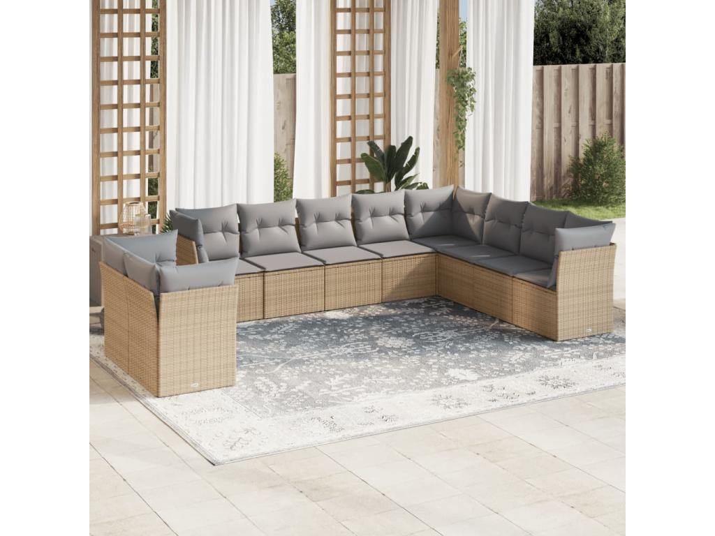 Garden furniture set with 10 beige resin wicker cushions