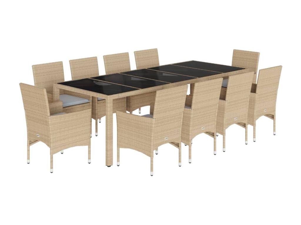 11-piece beige rattan and glass garden dining set and cushions