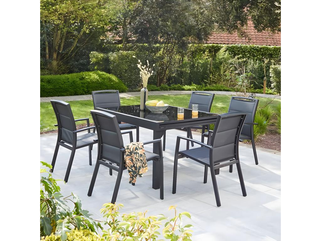 Extendable black aluminum garden furniture set for 6/10 people