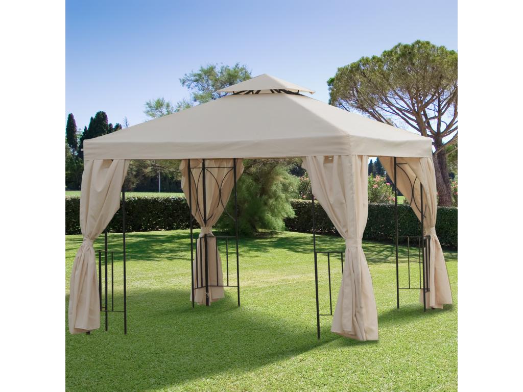 Colonial-style gazebo/barn with double roof and removable side panels, 2.95m L x 2.95m W x 2.65m H, beige/black