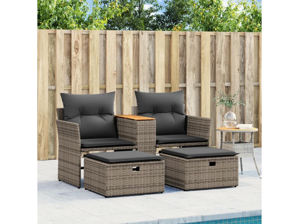 2-seater garden sofa with grey resin wicker stools