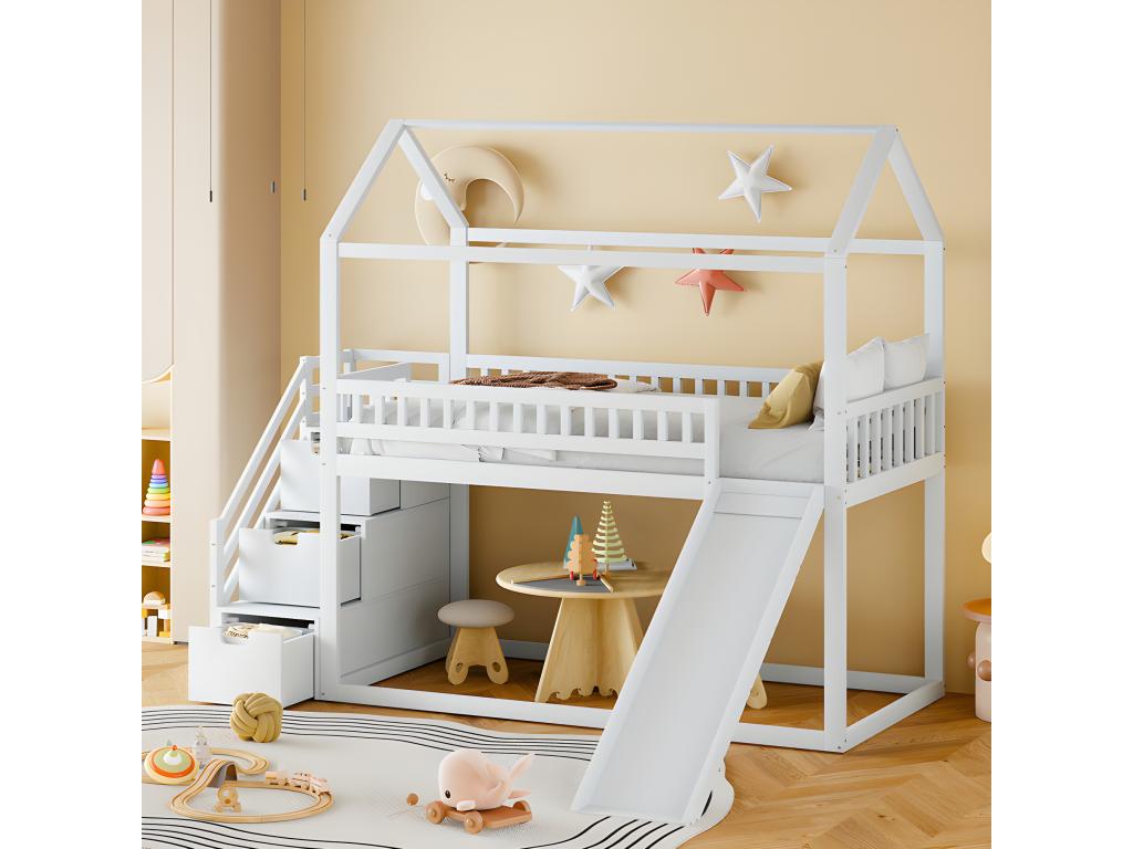 Bunk bed 90x200 cm - with a slide and storage ladder - made of solid wood - with slatted base by Meubiana - White