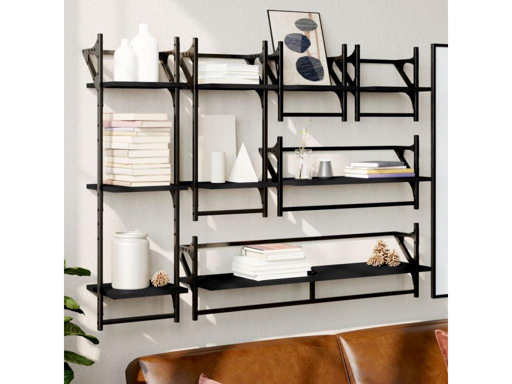 Set of 6 black engineered wood wall-mounted shelves with bars