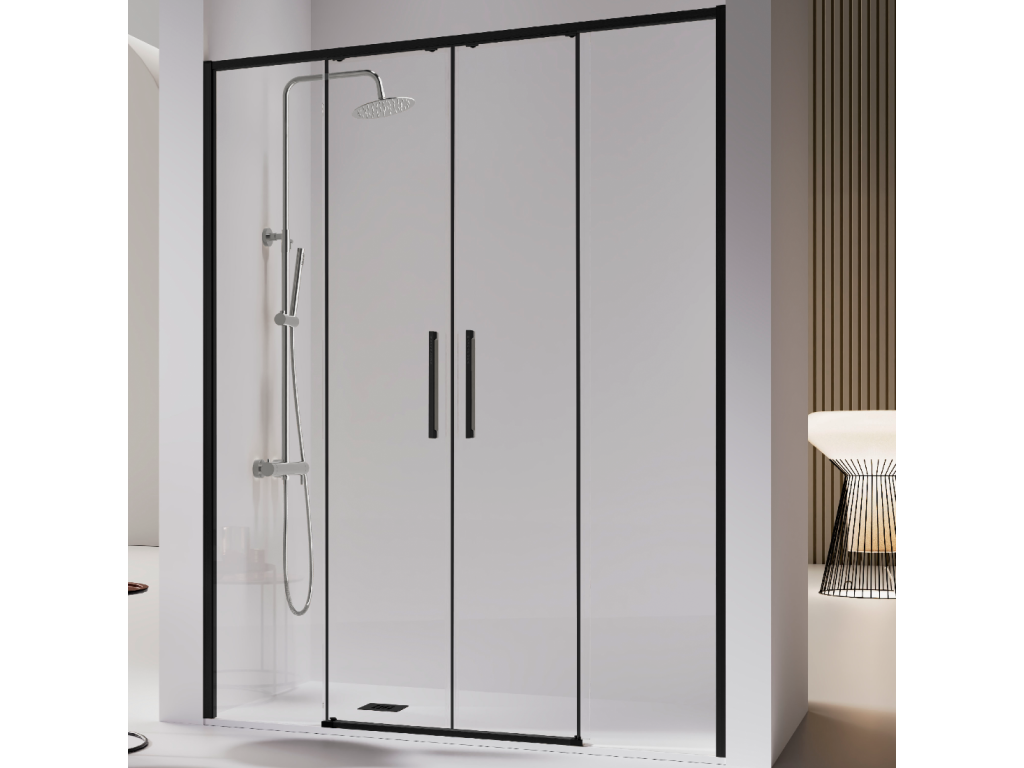 Shower enclosure with 2 fixed glass panels and 2 sliding doors, Meubiana matte black, 147-149.6 cm