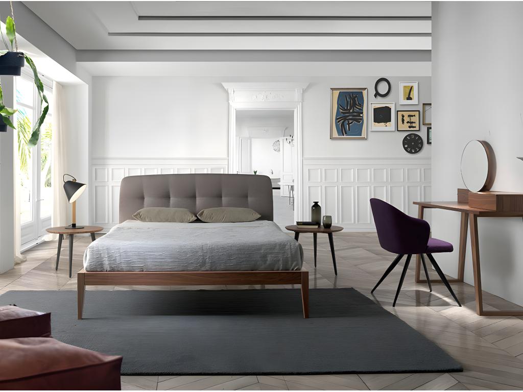 Noviza double bed 150x200 in walnut wood with faux leather headboard - Meubiana 42 Aqua Green