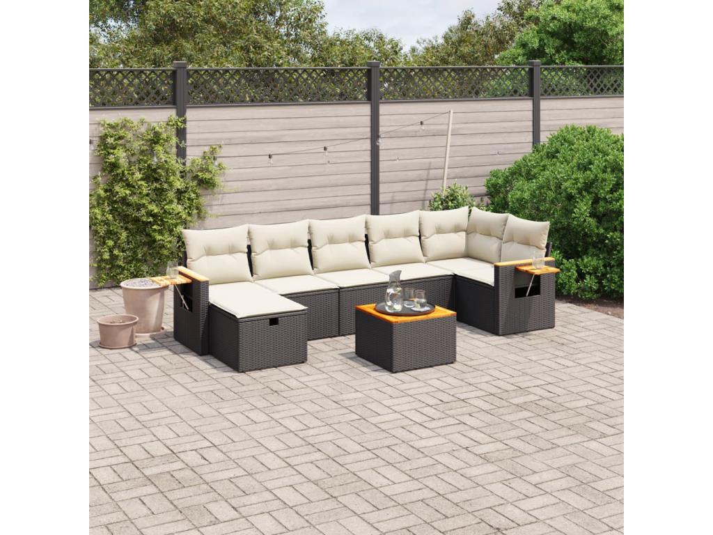 8-piece garden furniture set with cushions, black woven resin
