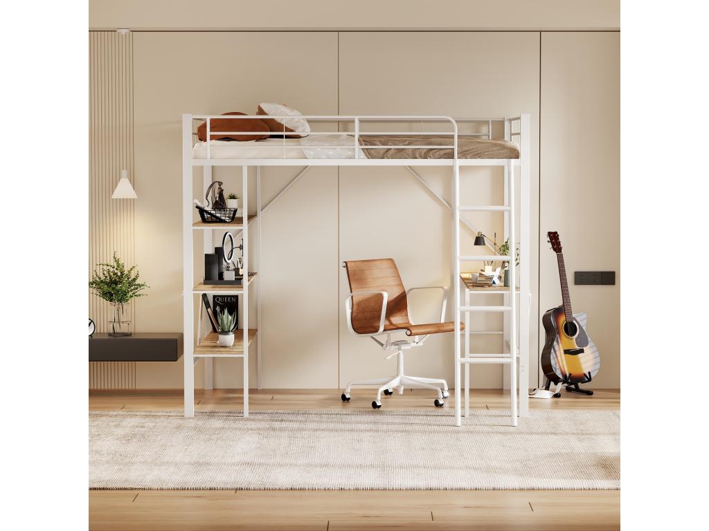 90x200 cm loft bed with desk and storage shelves - Metal - White