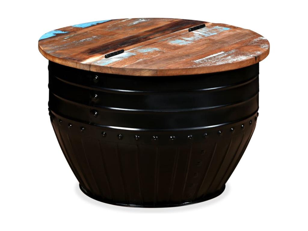 Coffee table, solid reclaimed wood, barrel shape, black